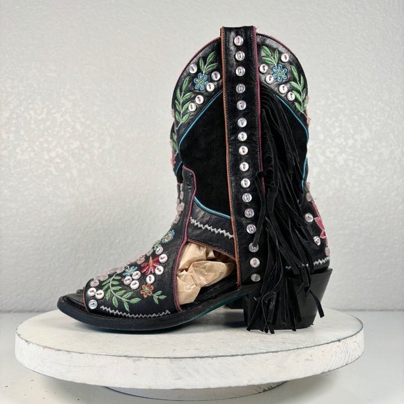 NEW Lane Cactus Button Black Cowboy Bootie 6 Fringe Suede Western Ankle Boots - Picture 4 of 9